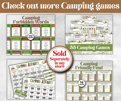 Camping 5 second game, Trivia game night, office team, camping theme birthday, outdoor yard party, youth group, think fast, five sec word