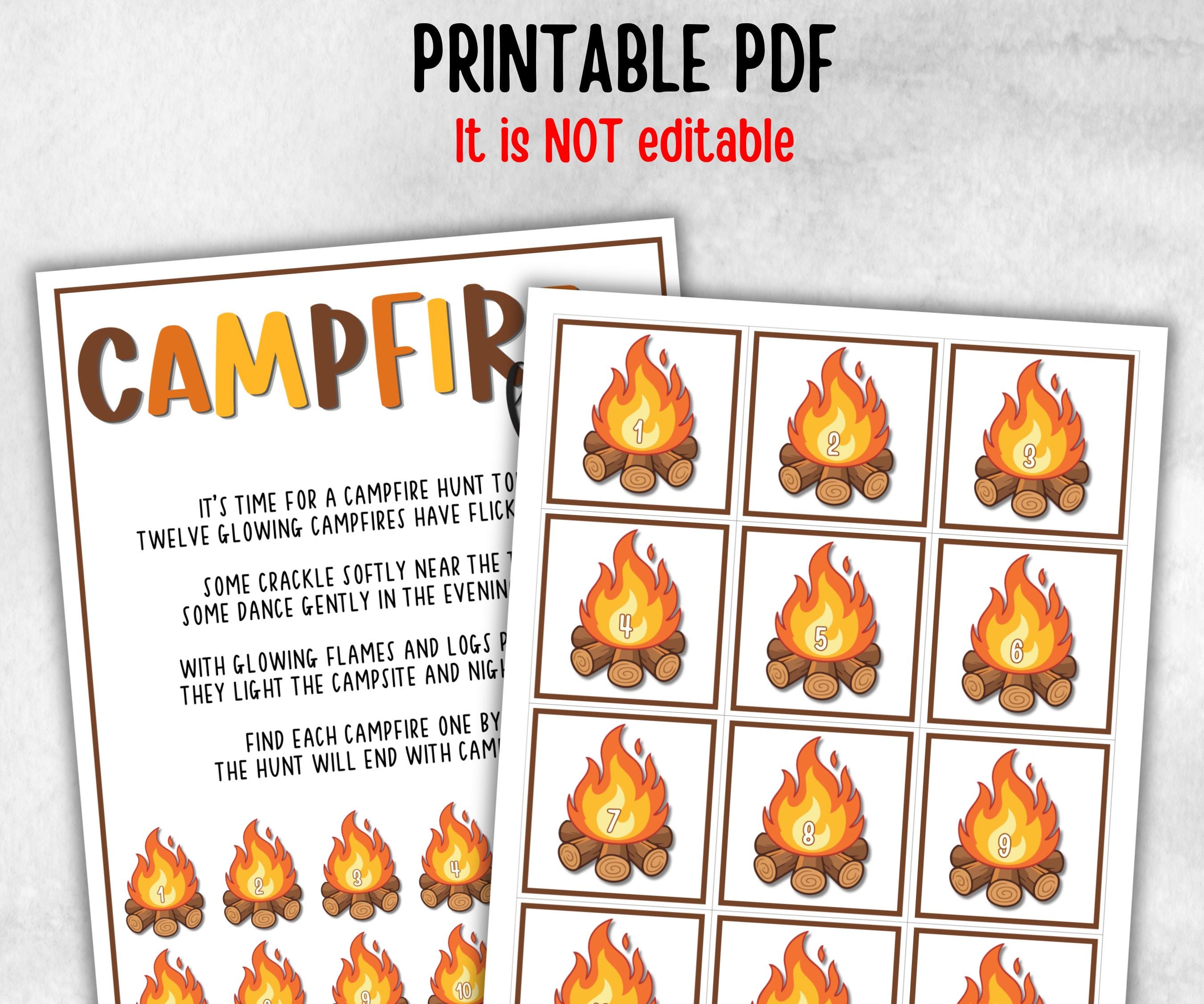 Campfire Scavenger Hunt, fire pit activities, Printable outdoor treasure hunt, backyard bbq, summer campfire, boy girl scout, campground