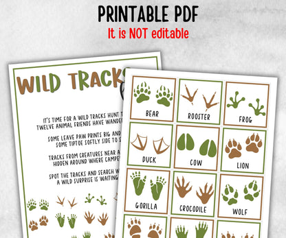 Wild Tracks Scavenger Hunt, fire pit activities, Printable outdoor treasure hunt, backyard bbq, summer campfire, Animal tracks, footprints