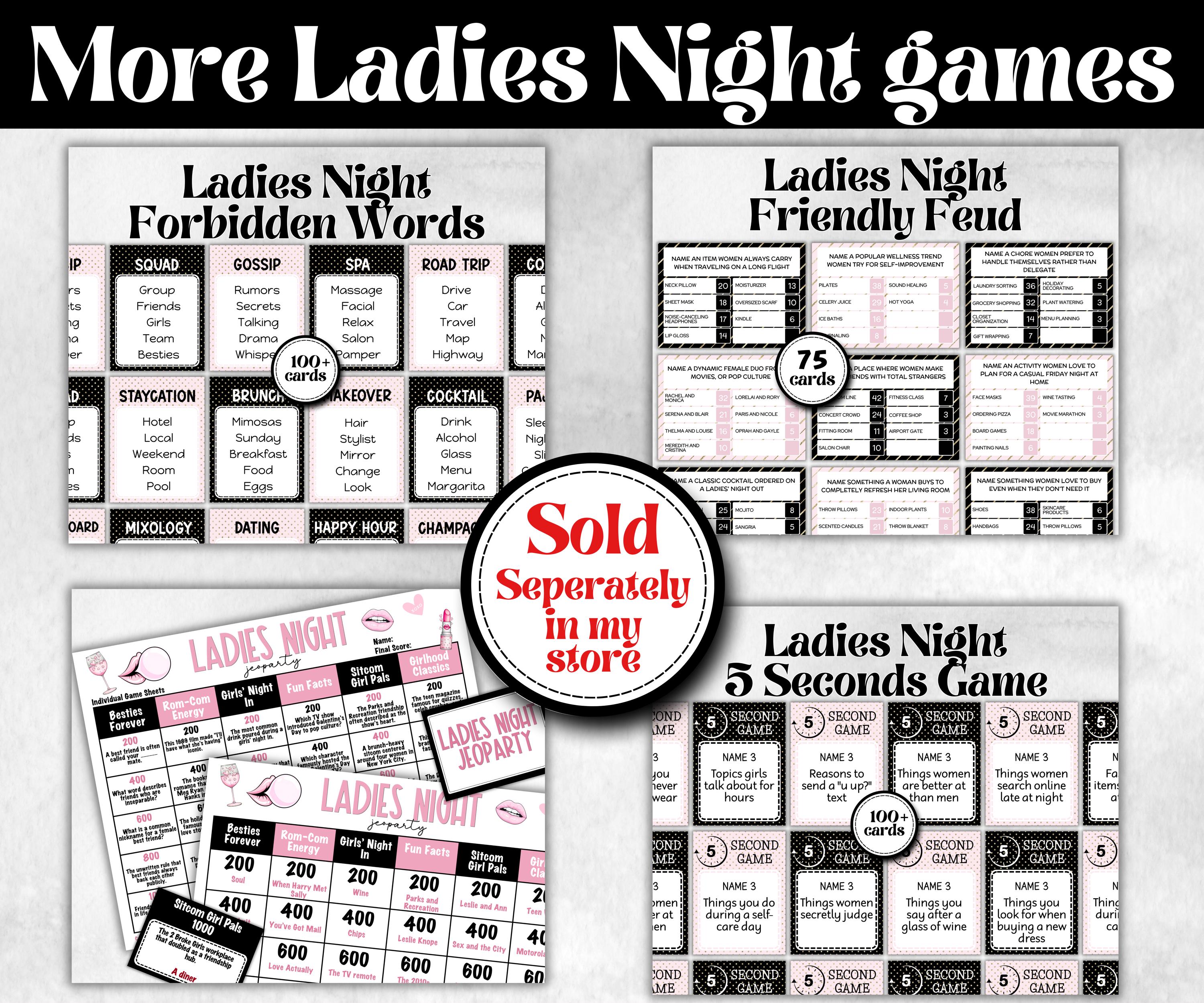 Ladies Night Friendly Feud, think fast word game, think quick, galentines, hen party, womens day, bff girlfriend, printable feud, Feud Cards