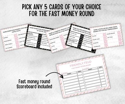 Ladies Night Friendly Feud, think fast word game, think quick, galentines, hen party, womens day, bff girlfriend, printable feud, Feud Cards