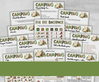 Camping Games Bundle, Nature Scavenger Hunt, summer fall spring winter camping, Trivia night, office team camping, camping themed birthday