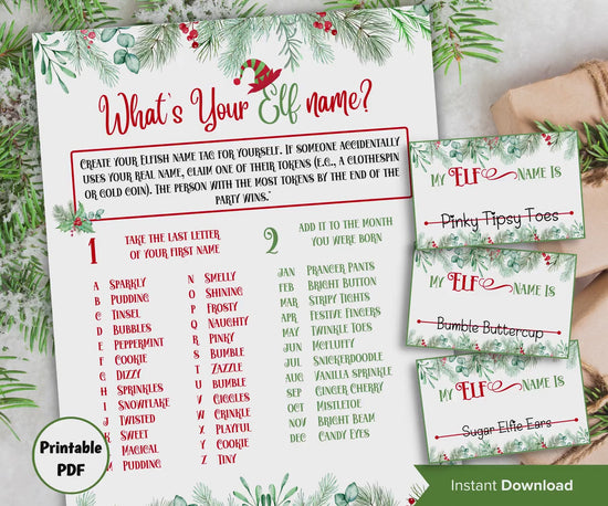 What's Your Elf  name, Elf name board sign, Elf name generator, Christmas activities, Holiday party games, Elf name tag game, Kids Christmas