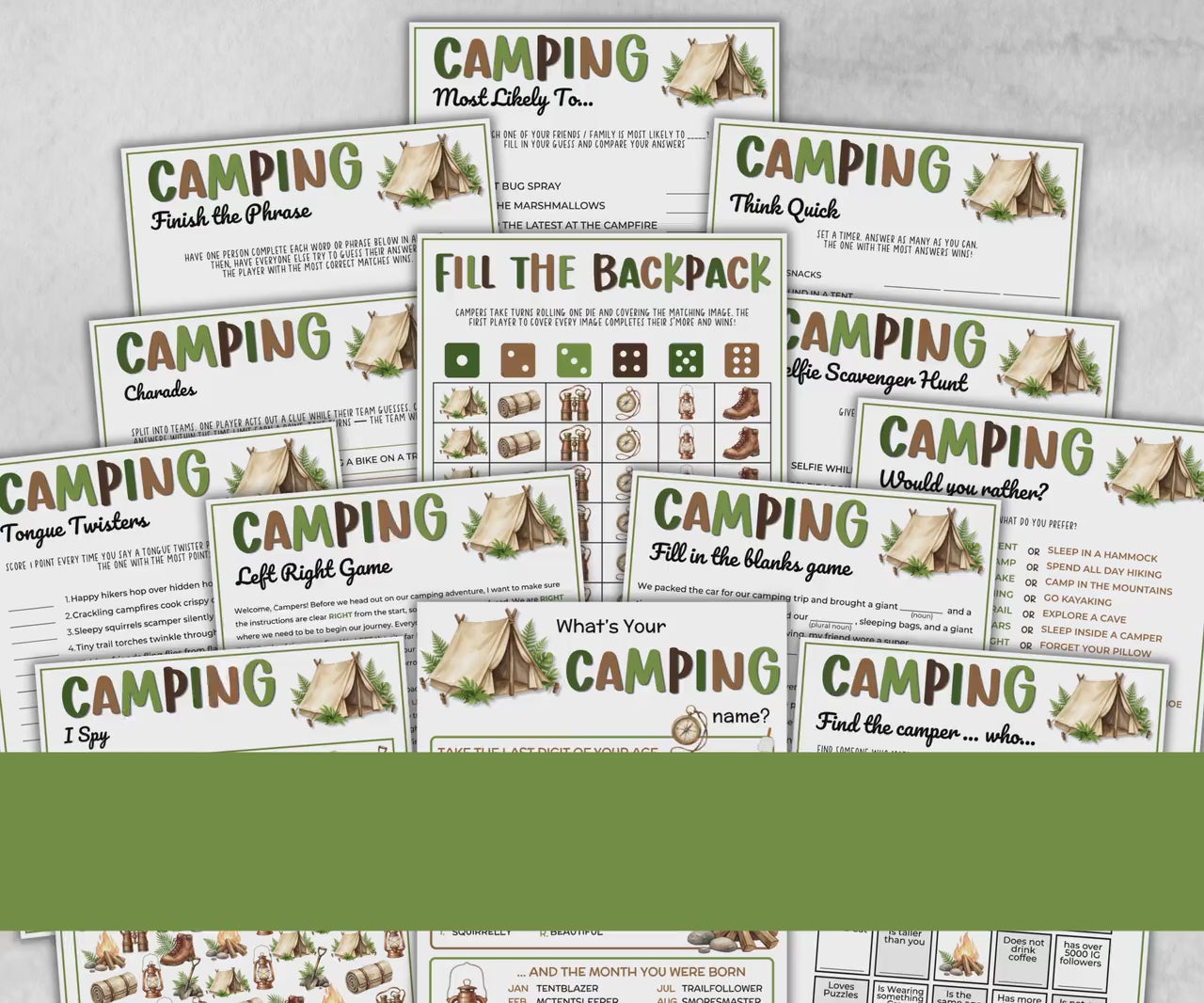 Camping Rhymes with Trail, fire pit activities, Printable outdoor group party, campground, backyard bbq, summertime campfire, boy girl scout