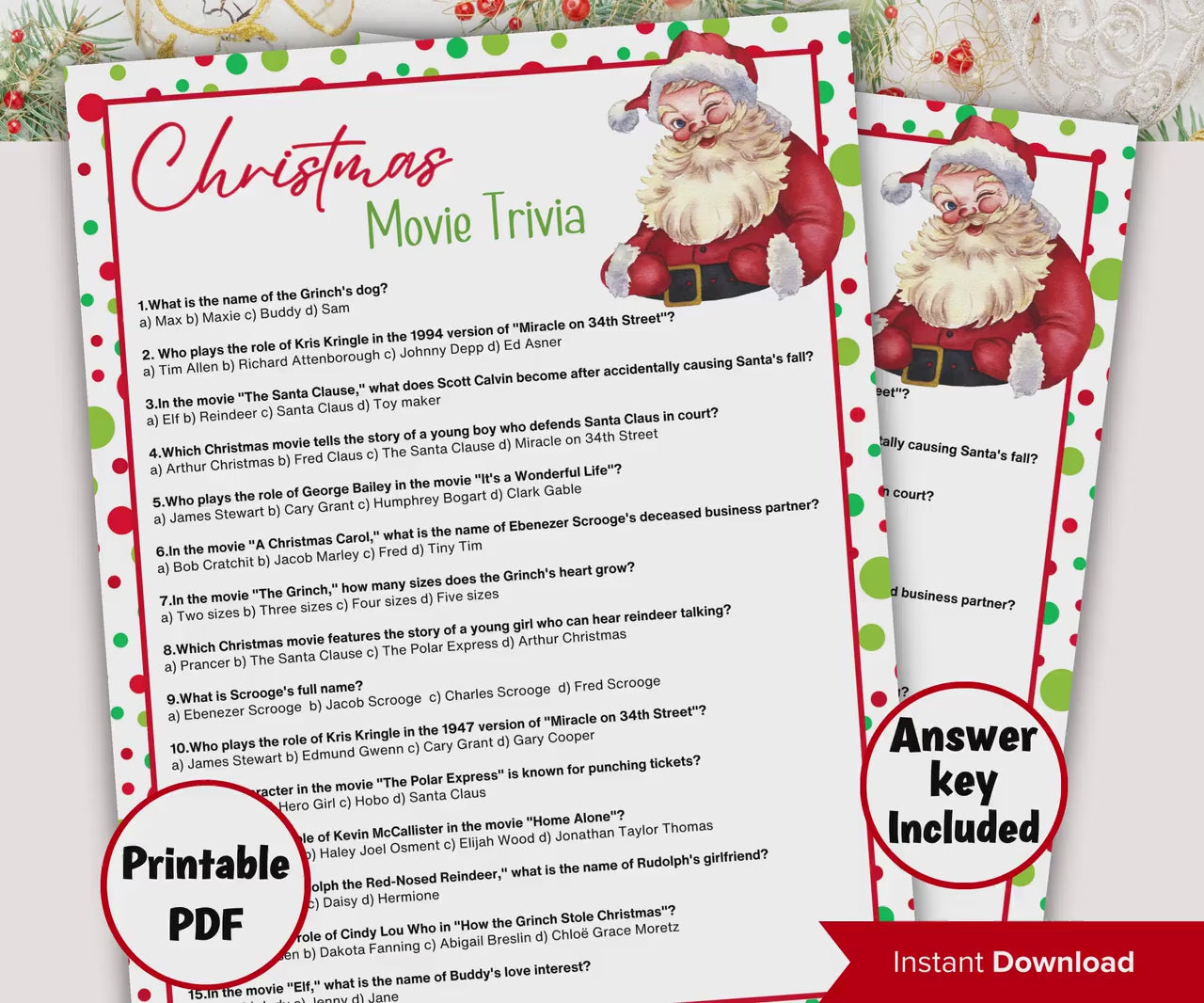 Holiday Party Game | Printable Movie Trivia | Fun Christmas Party Game | Christmas Day | Family Christmas Game | Kids & Adults I Church Xmas